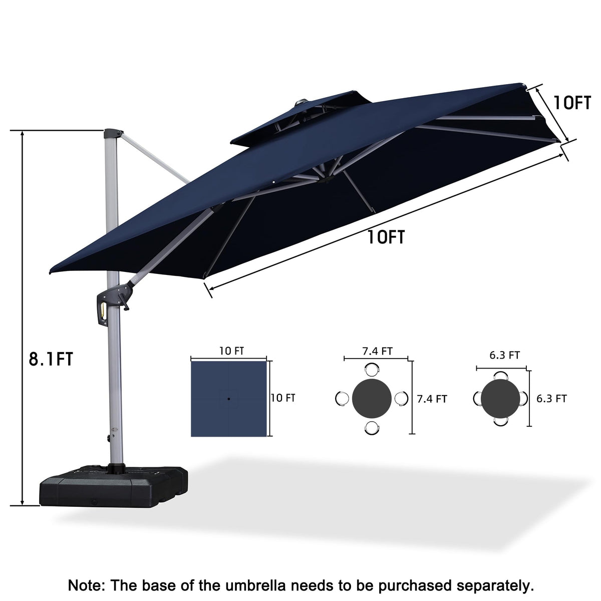 10'x 10' Square Double Top Navy Blue Cantilever Patio Umbrella A9337