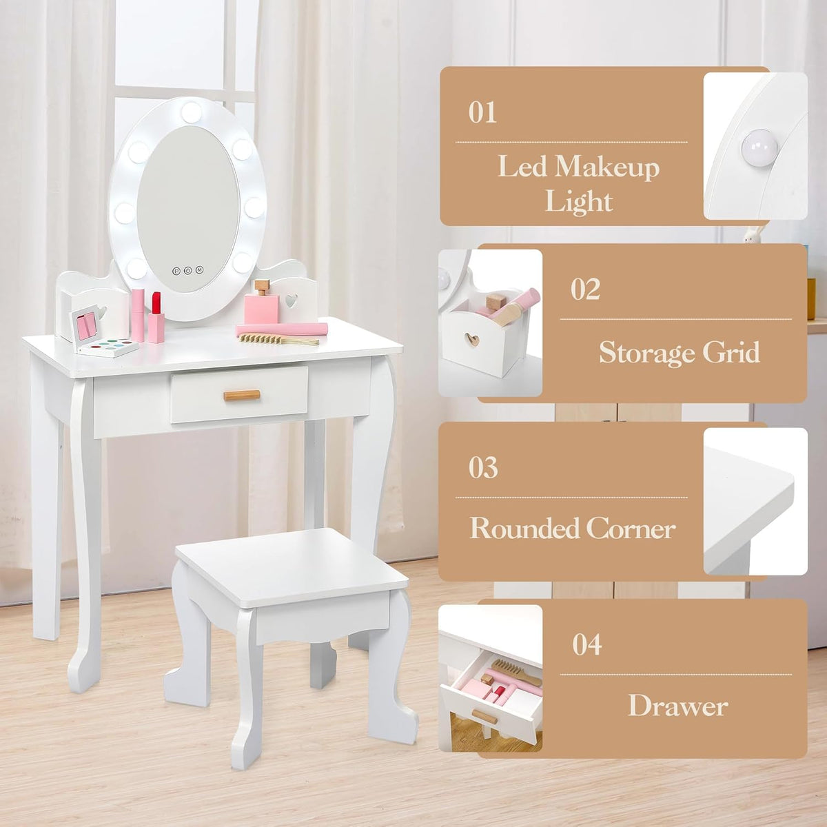 Vanity Table Set with Lighted Mirror and Stool D8307