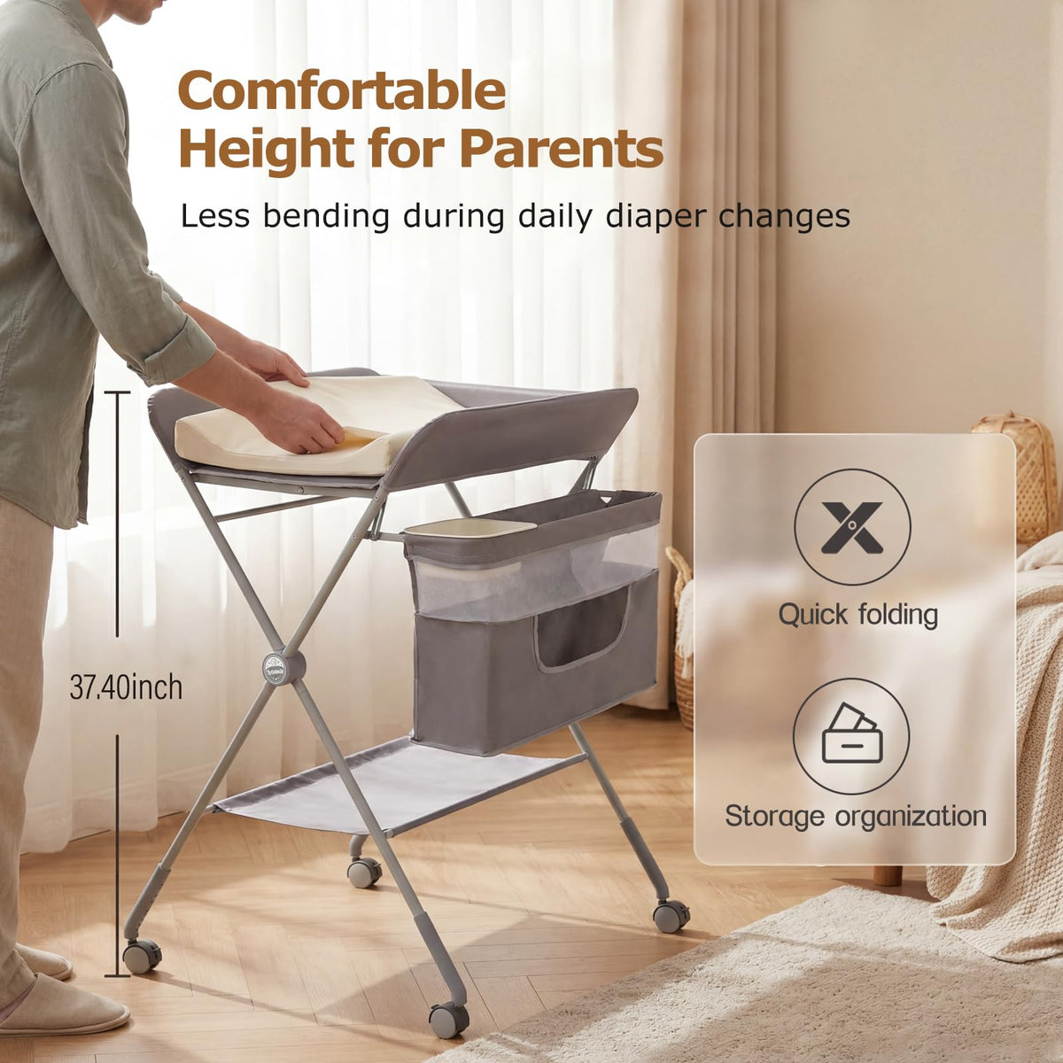 Baby Changing Table with Wheels, Portable Adjustable Folding Diaper Station with Storage Y769151