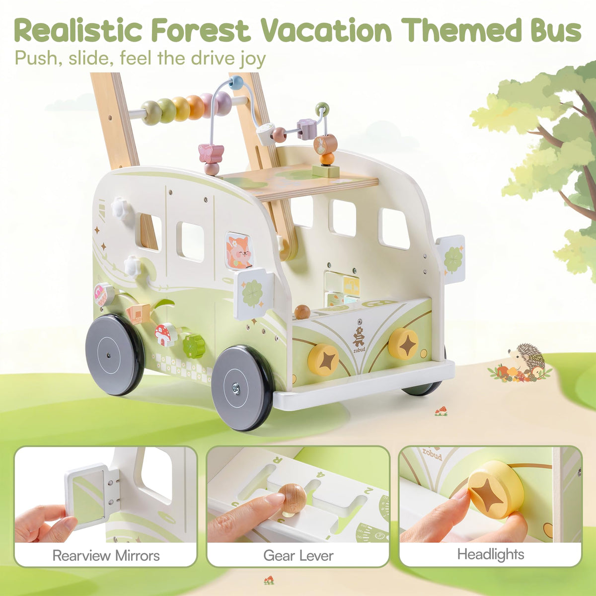 Wooden Adjustable Baby Push Walker with Anti-Slip Wheels S998