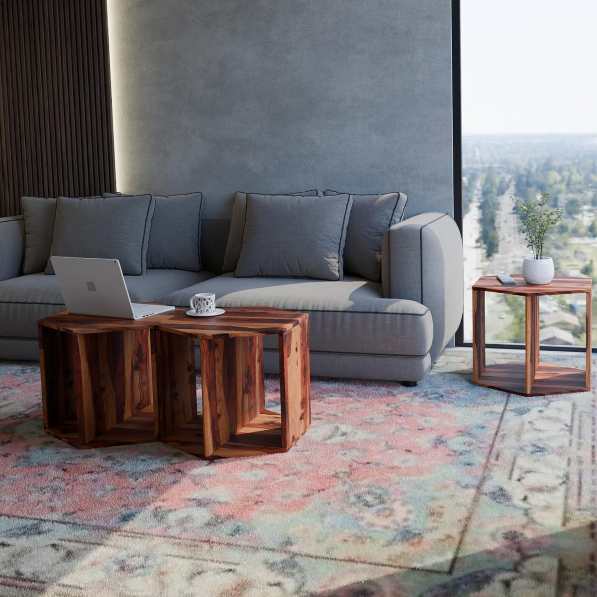 Solid Sheesham Wood Coffee Table Set of 3 H5489