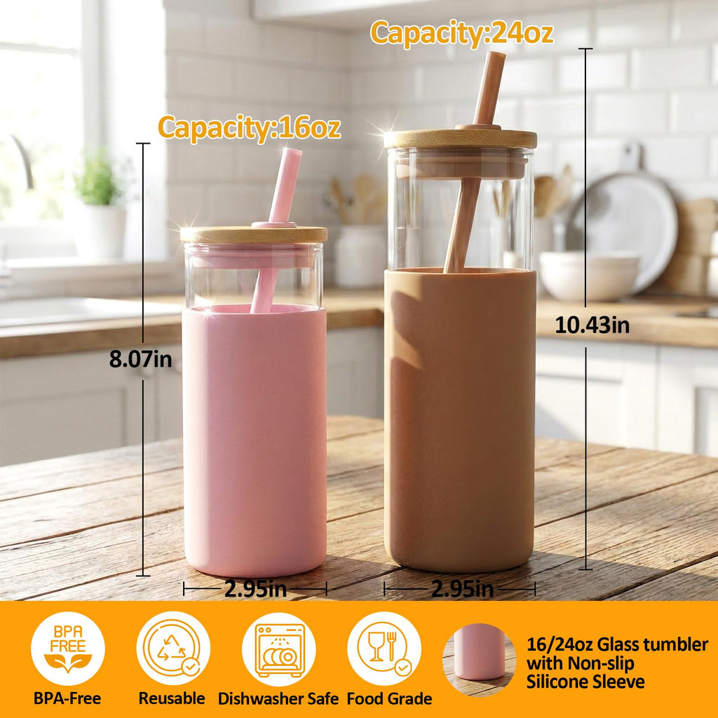 24 oz Glass Tumbler with Lids and Straw T13647