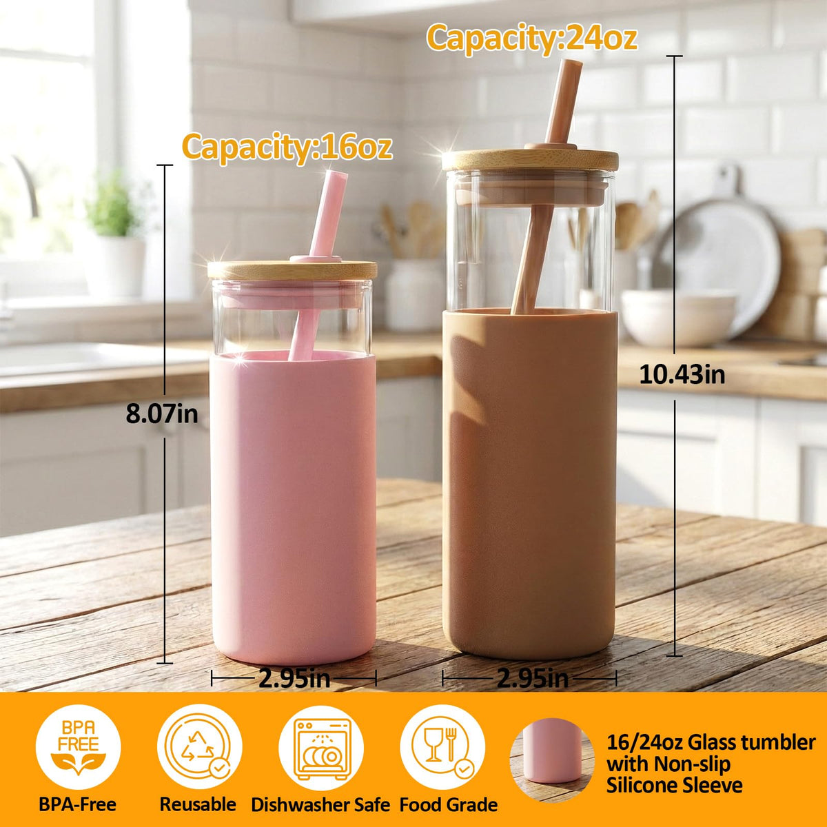 24 oz Glass Tumbler with Lids and Straw T13647