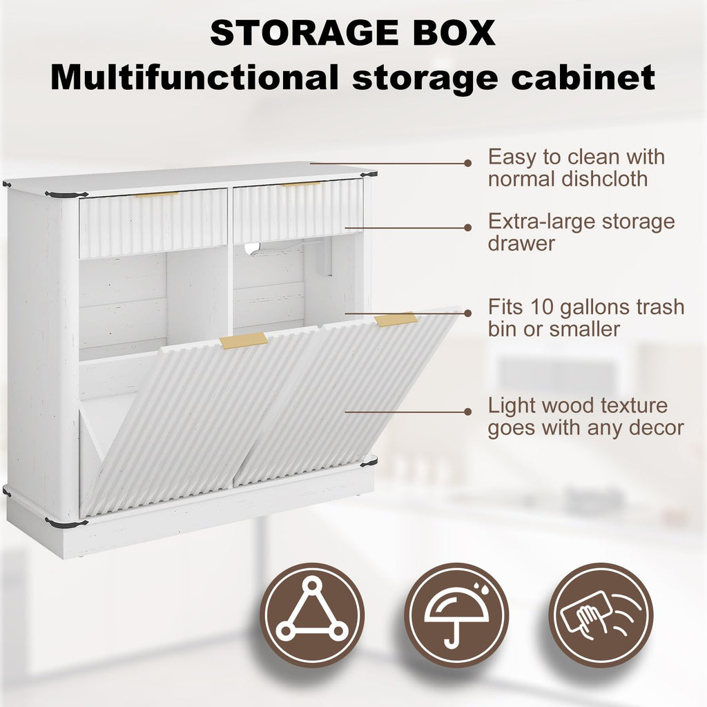 White 20 Gallon Tilt Out Trash Cabinet with Charging Station and 2 Drawers S261