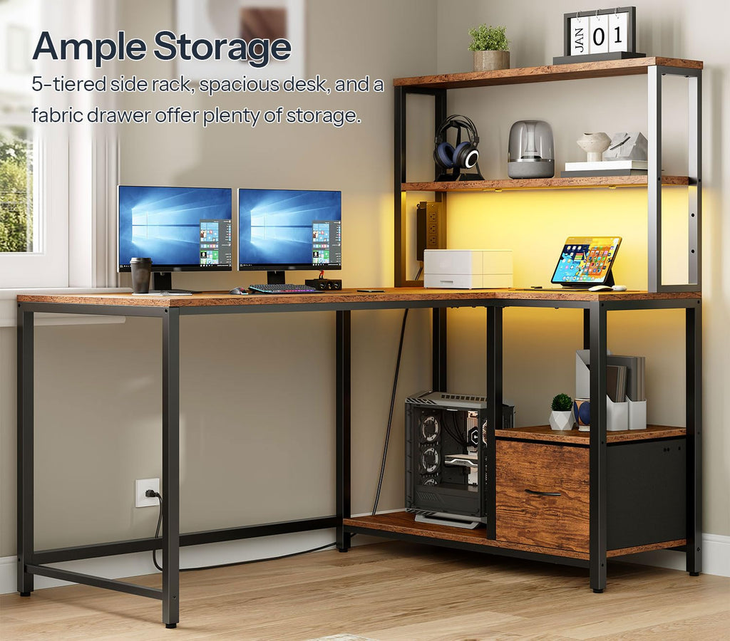 46 Inch Reversible Computer Desk with LED Light & Power Outlet Q4873
