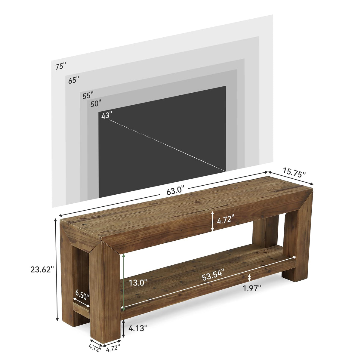 Solid Wood 63" TV Stand with Open Storage Shelves U306157
