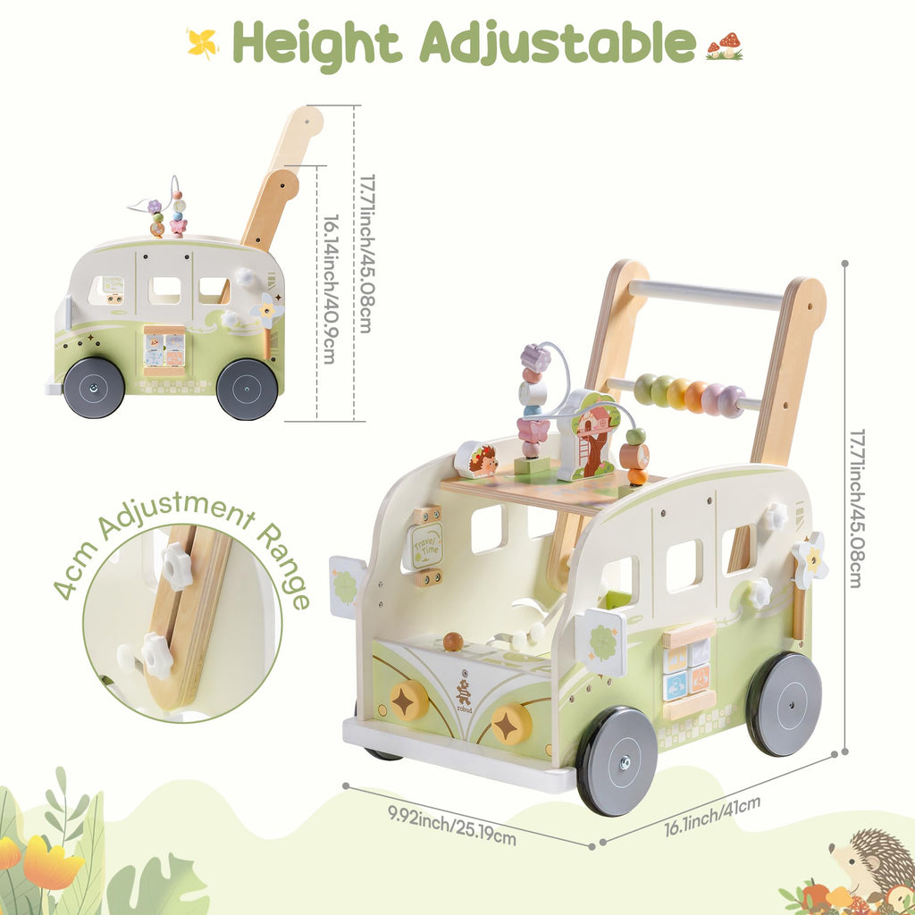 Wooden Adjustable Baby Push Walker with Anti-Slip Wheels S998