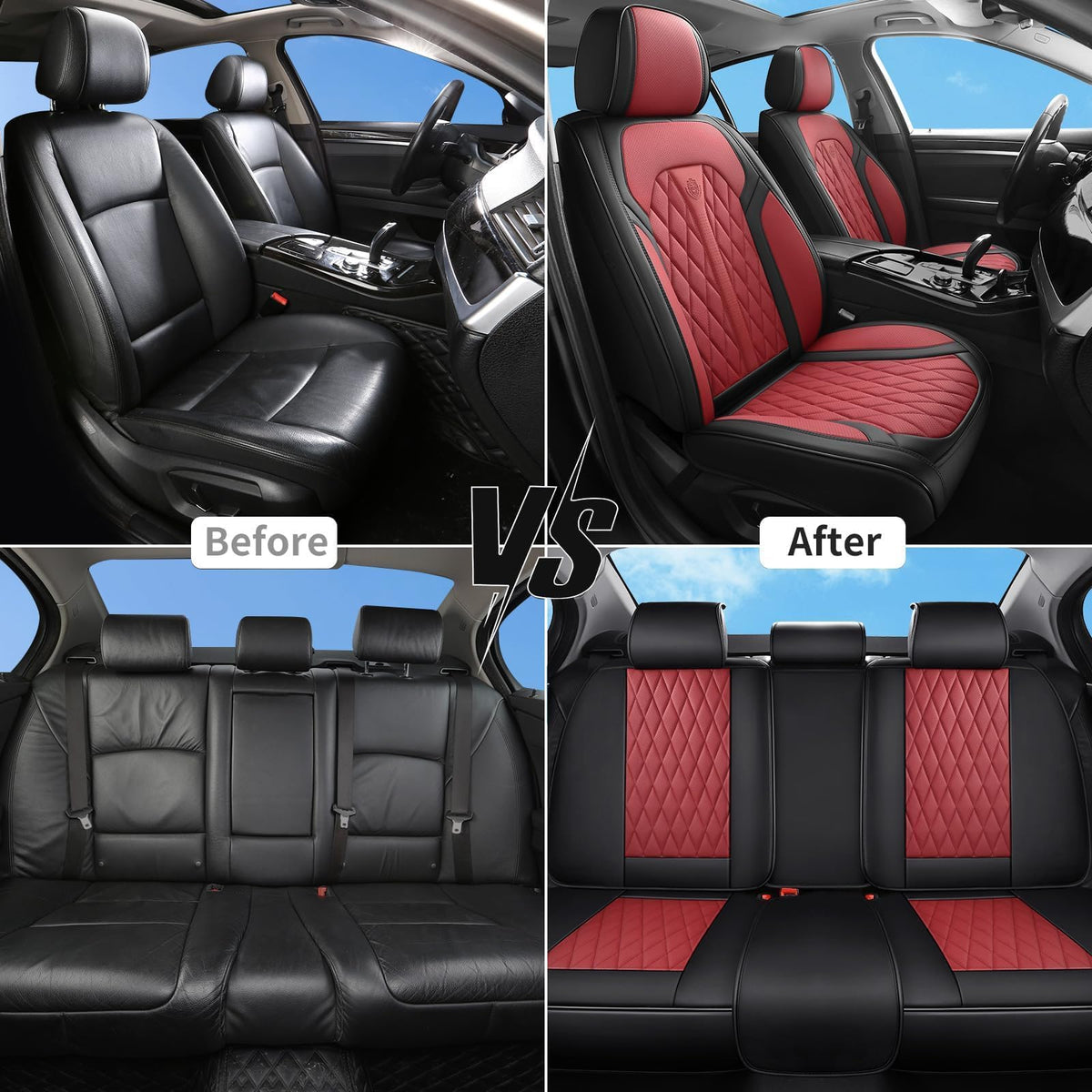 Red Black Leather Car Seat Covers Full Set Z64195