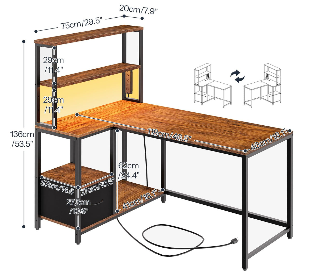 46 Inch Reversible Computer Desk with LED Light & Power Outlet Q4873