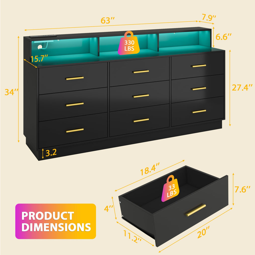 Black 9 Drawer Wood Dresser R4981