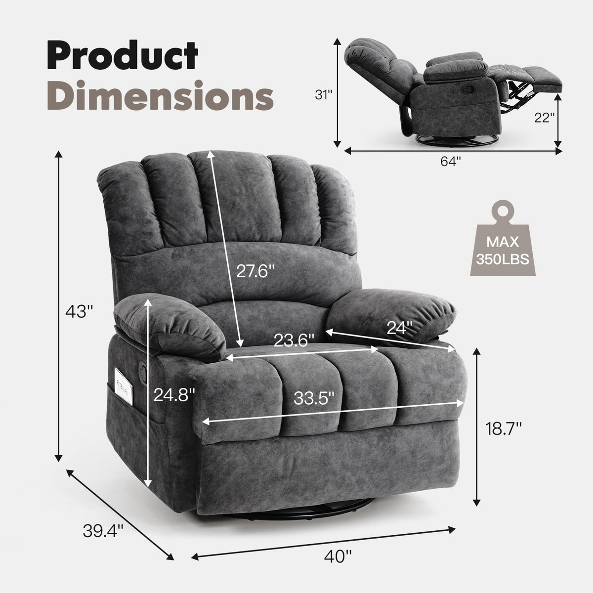 Oversized Manual Swivel Rocker Recliner Chair S7302