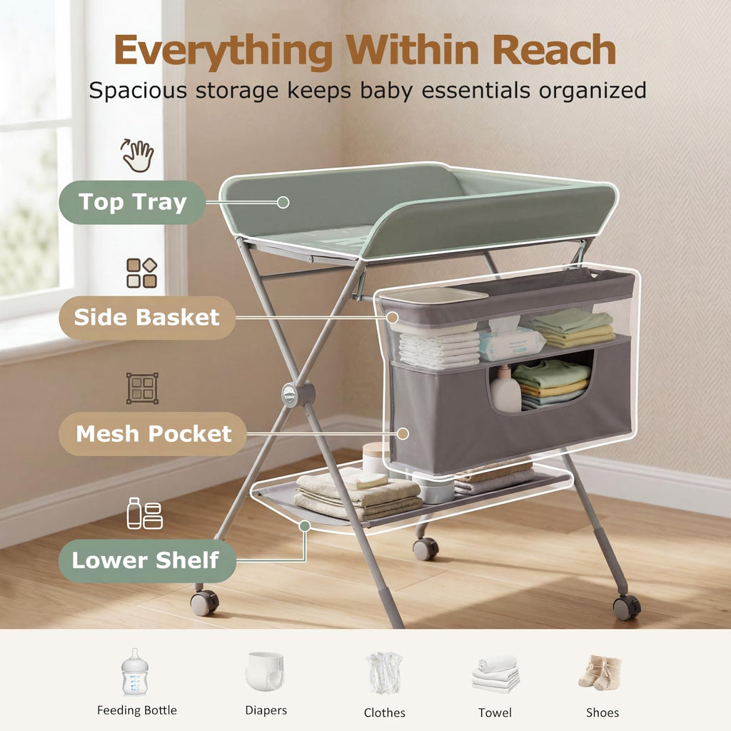 Baby Changing Table with Wheels, Portable Adjustable Folding Diaper Station with Storage Y769151