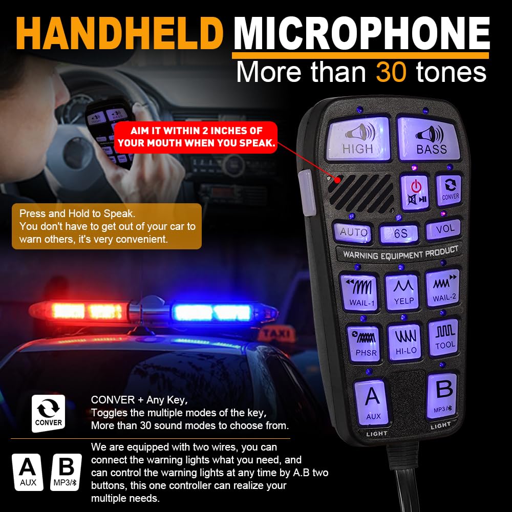 250W Multi-Tones Slim PA Siren Speaker with Handheld Controller & Mic F677192
