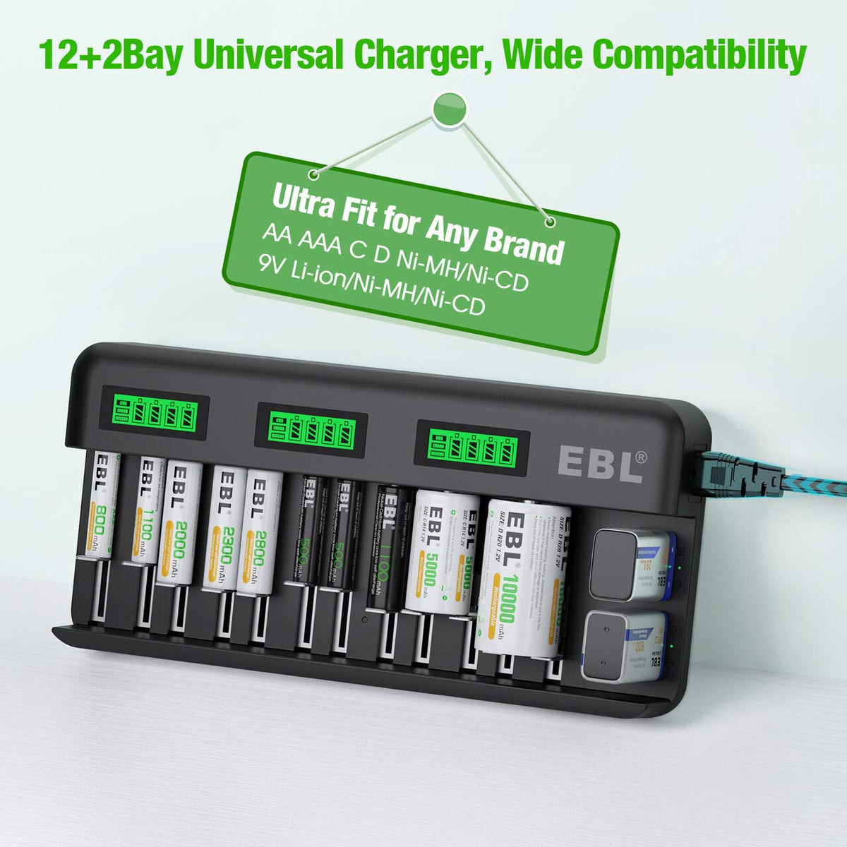 8 Pack 10000mAh Ni-MH D Rechargeable Batteries with Charger Q8452