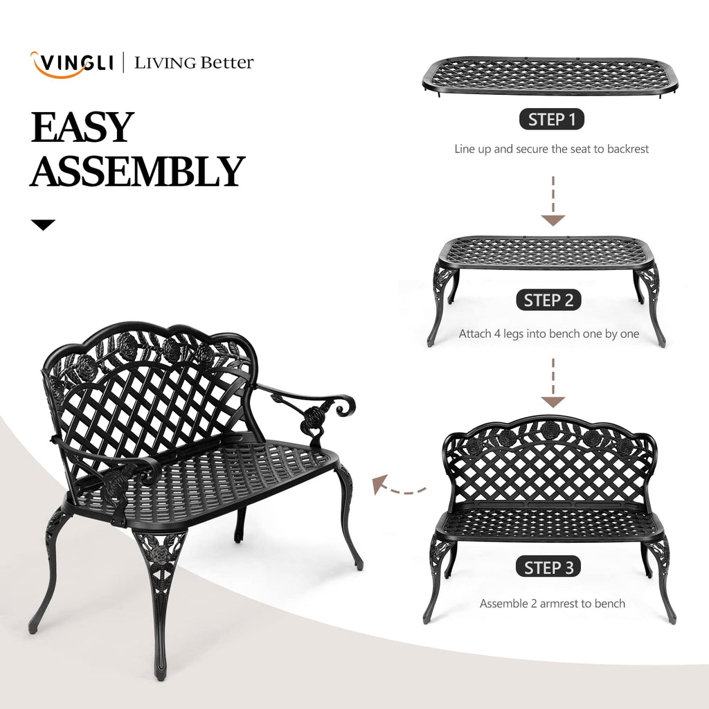 42.5" Black Cast Aluminum Outdoor Bench J73342
