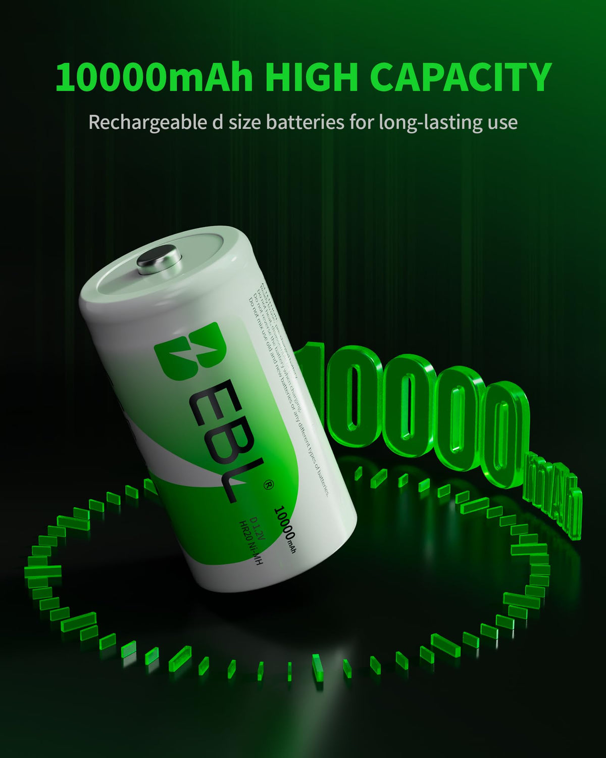 8 Pack 10000mAh Ni-MH D Rechargeable Batteries with Charger Q8452