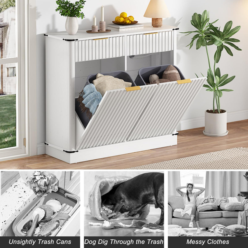 White 20 Gallon Tilt Out Trash Cabinet with Charging Station and 2 Drawers S261