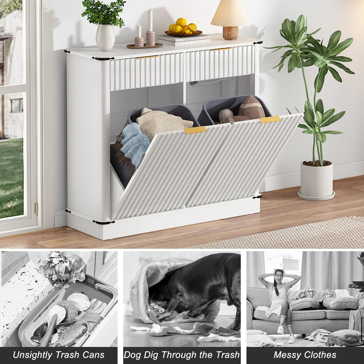 White 20 Gallon Tilt Out Trash Cabinet with Charging Station and 2 Drawers S261