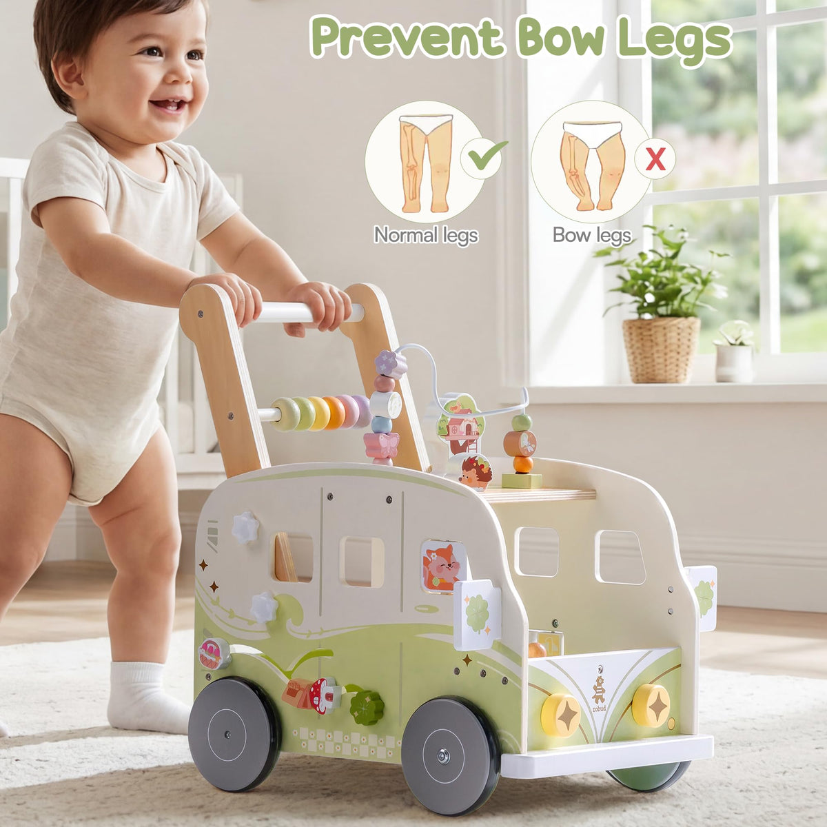 Wooden Adjustable Baby Push Walker with Anti-Slip Wheels S998