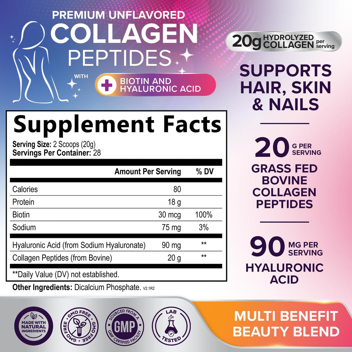 Collagen Peptides Powder 20g Hydrolyzed Bovine Protein Hyaluronic Acid Biotin Unflavored 28 Servings Q6069