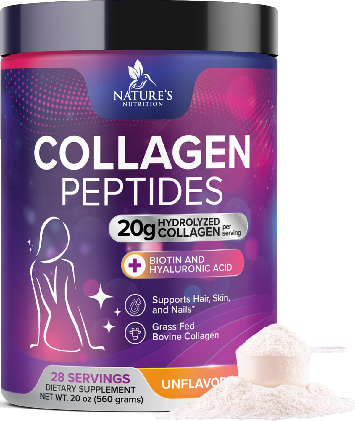 Collagen Peptides Powder 20g Hydrolyzed Bovine Protein Hyaluronic Acid Biotin Unflavored 28 Servings Q6069
