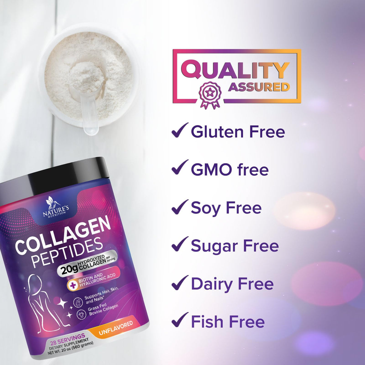 Collagen Peptides Powder 20g Hydrolyzed Bovine Protein Hyaluronic Acid Biotin Unflavored 28 Servings Q6069