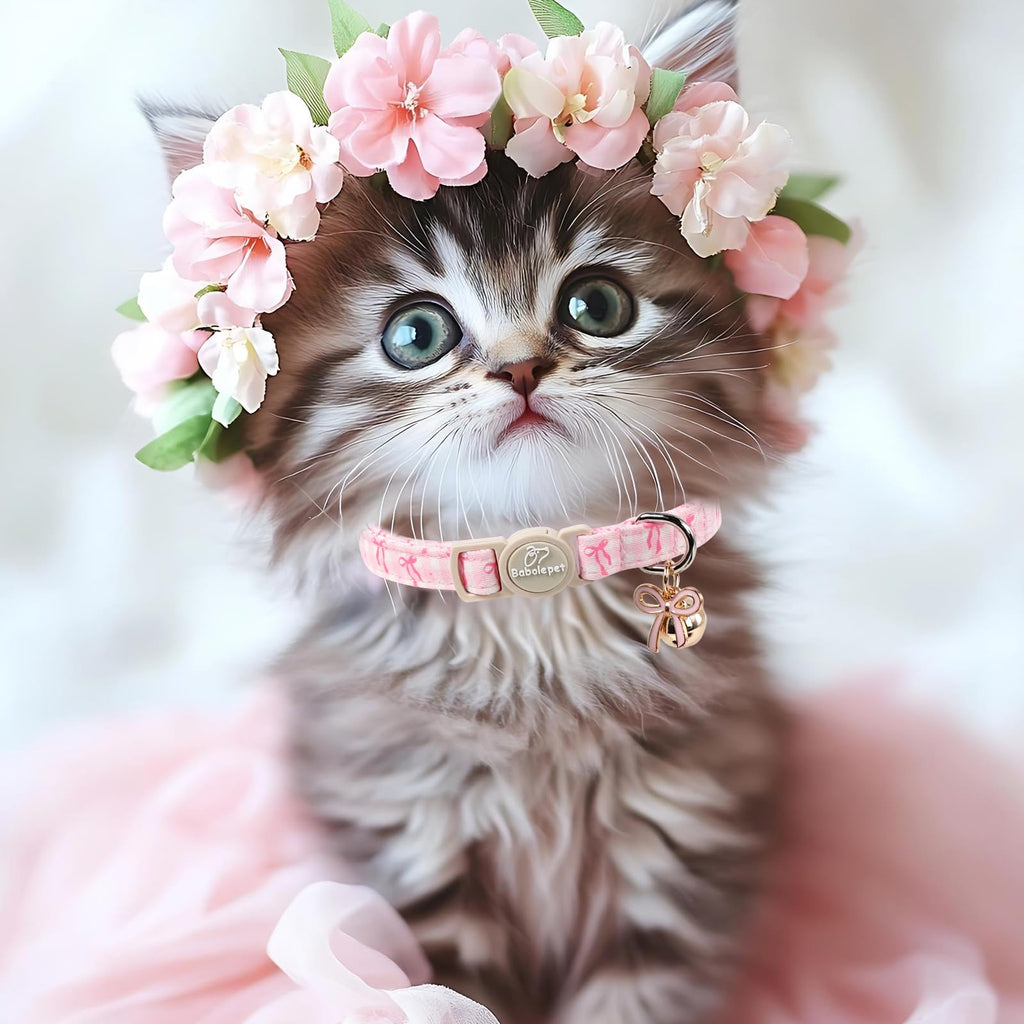 Pink Breakaway Cat Collar with Bell, Bow and Flower Pendant K191174