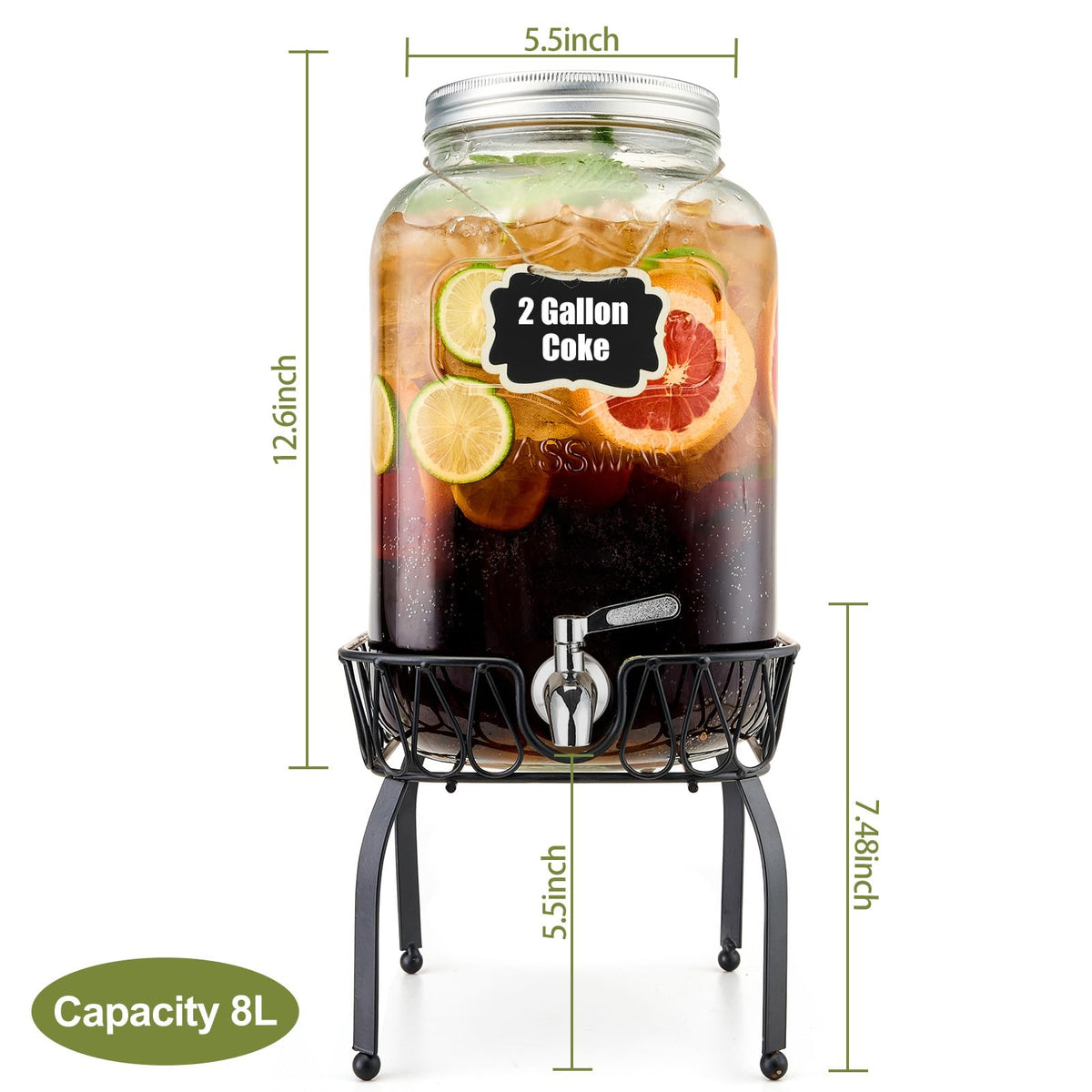 2 Gallon Glass Beverage Dispenser with Stand and Lid M518