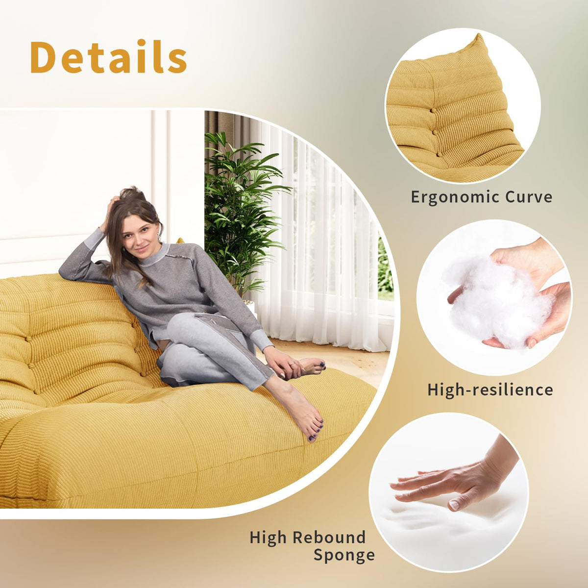 Yellow Corduroy Memory Foam Bean Bag Chair F680678