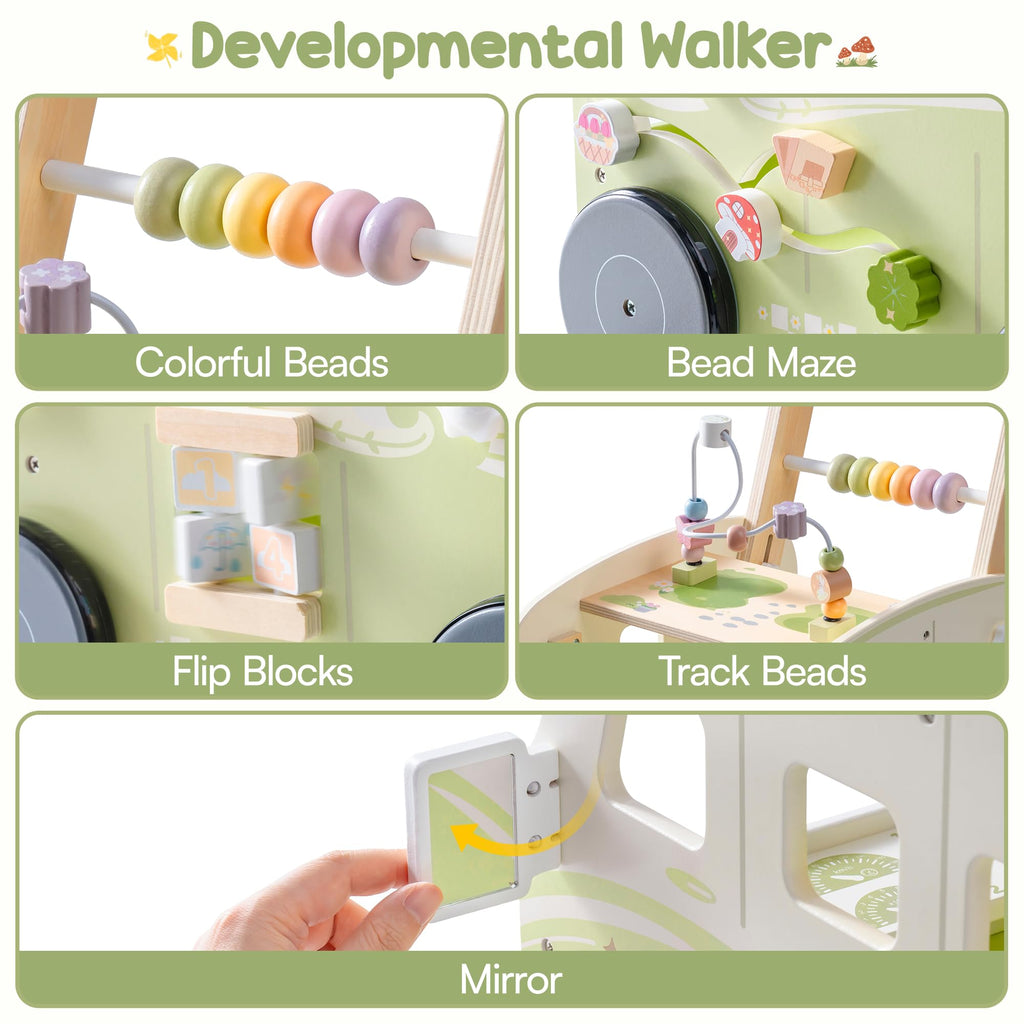 Wooden Adjustable Baby Push Walker with Anti-Slip Wheels S998