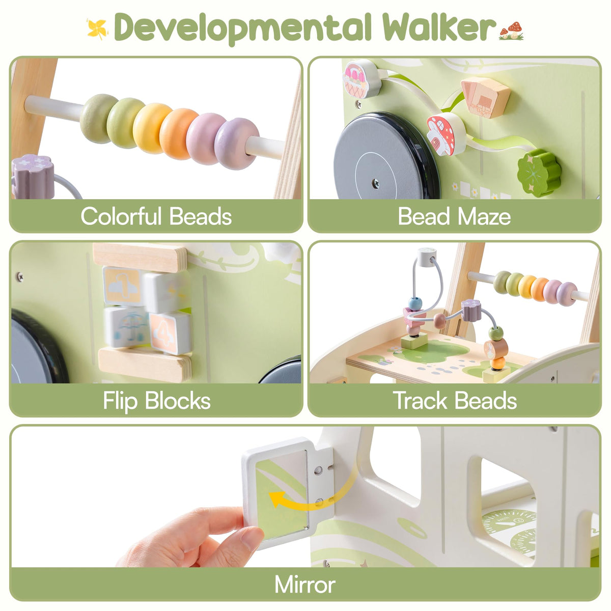 Wooden Adjustable Baby Push Walker with Anti-Slip Wheels S998