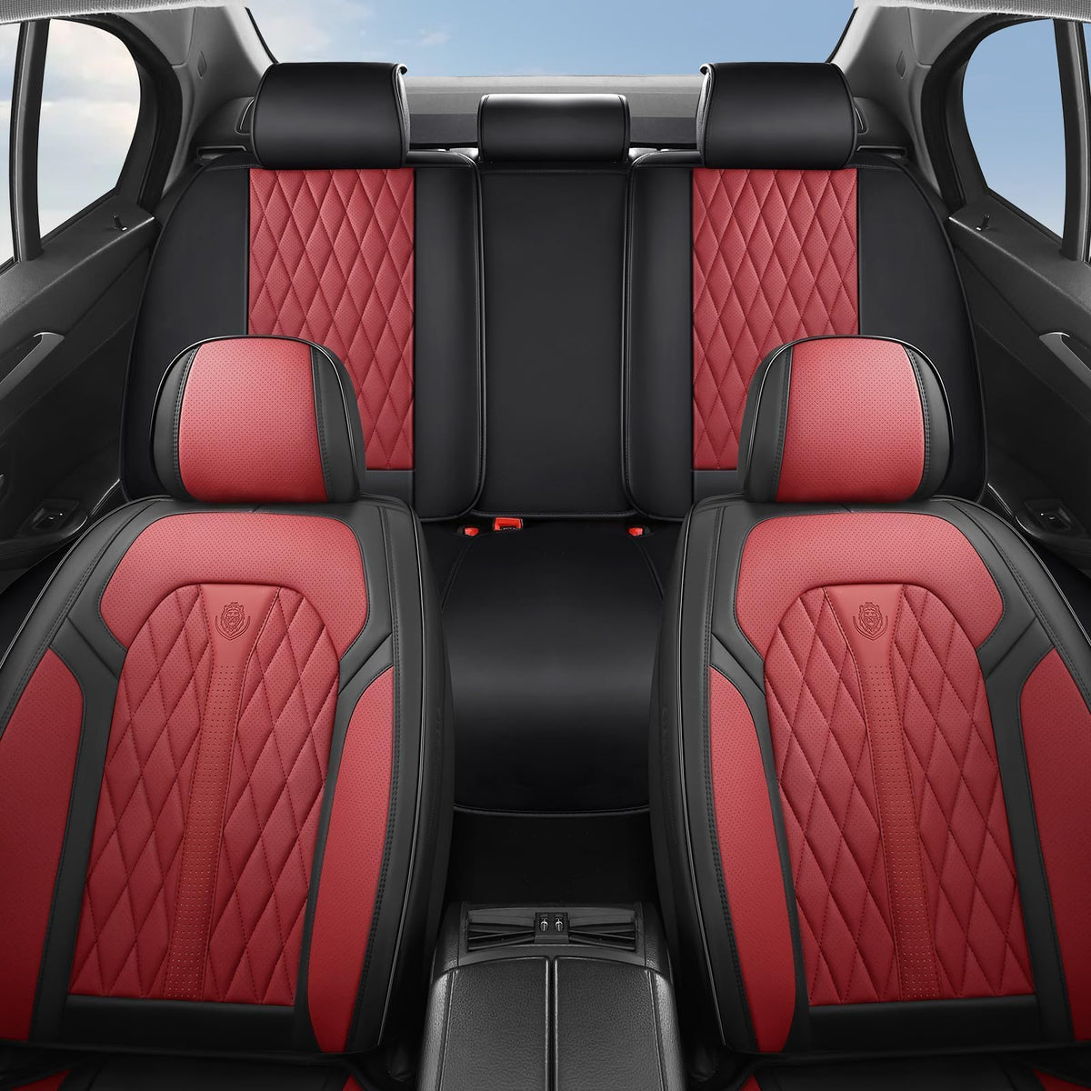 Red Black Leather Car Seat Covers Full Set Z64195