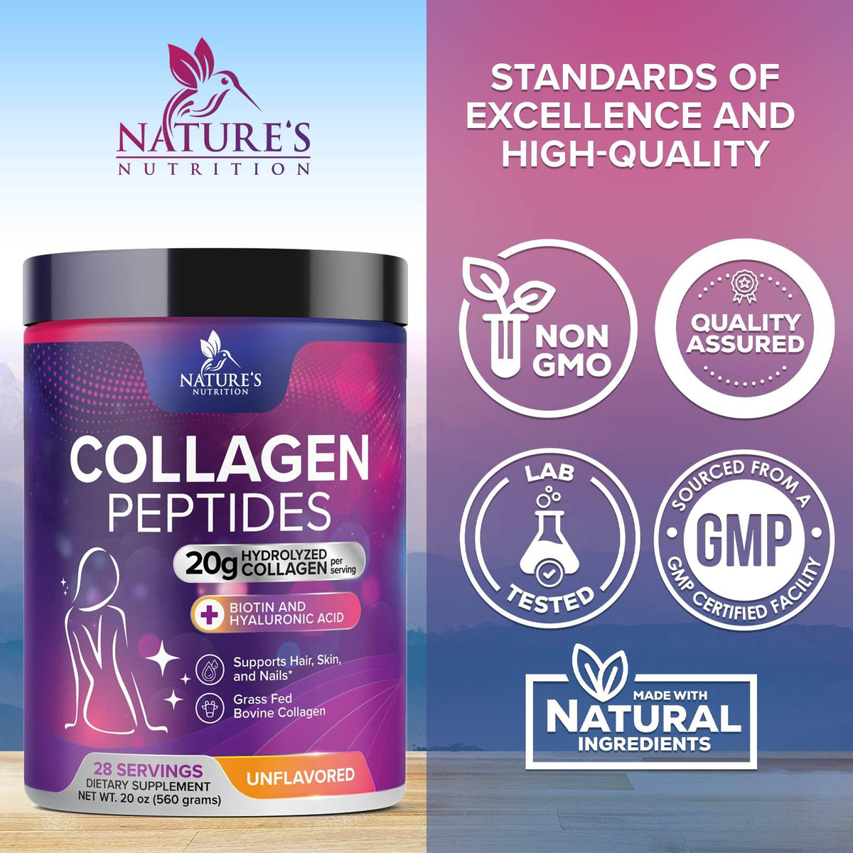 Collagen Peptides Powder 20g Hydrolyzed Bovine Protein Hyaluronic Acid Biotin Unflavored 28 Servings Q6069