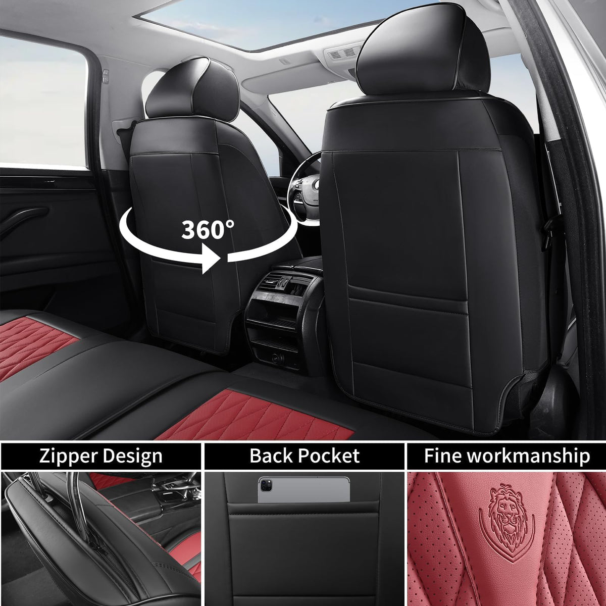 Red Black Leather Car Seat Covers Full Set Z64195