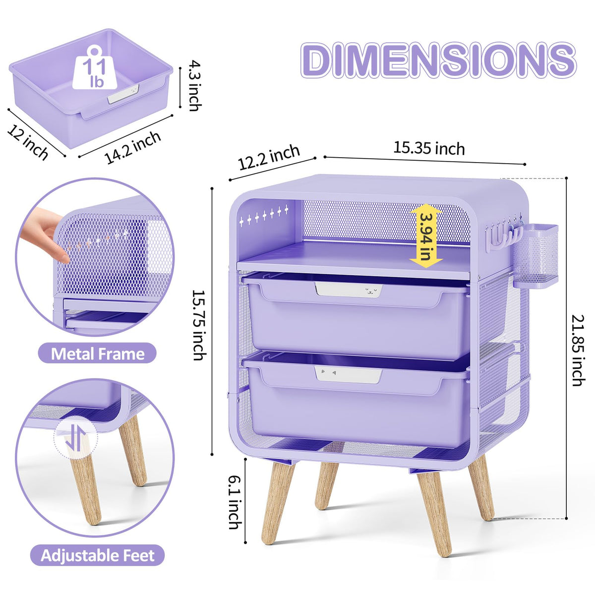 Kids Nightstand, Girls Bedside Table, Night Side Table, Purple S1088