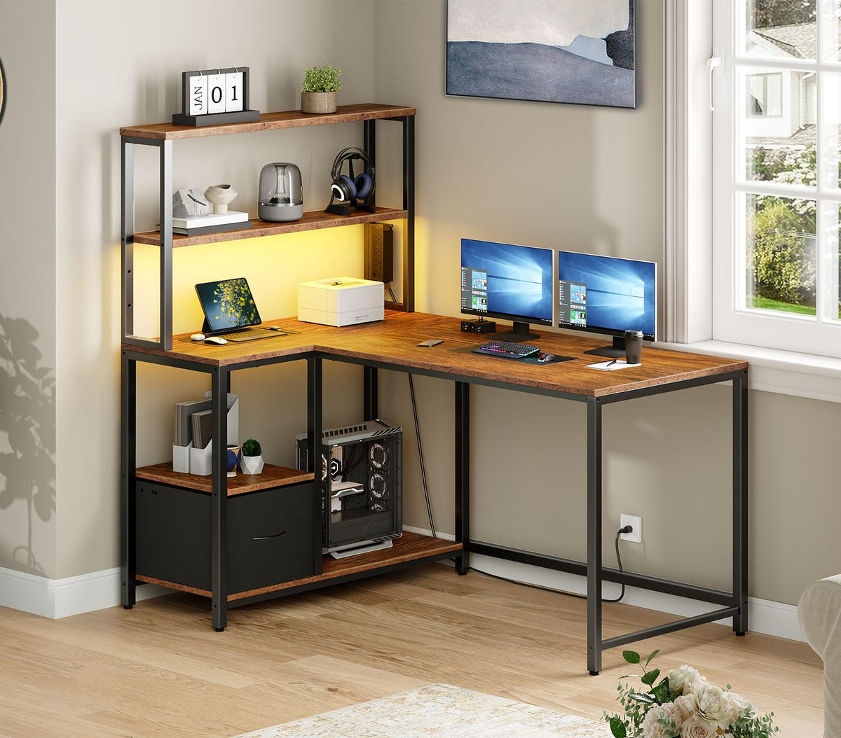 46 Inch Reversible Computer Desk with LED Light & Power Outlet Q4873