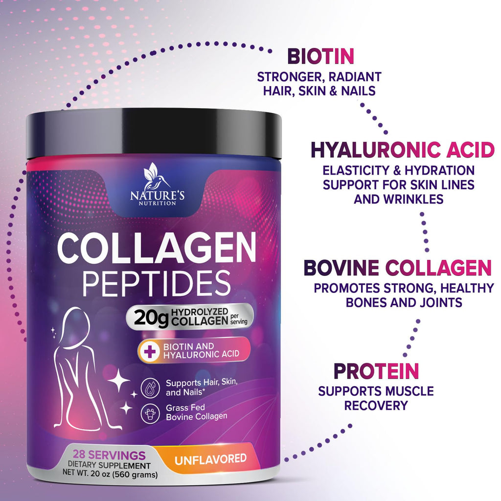 Collagen Peptides Powder 20g Hydrolyzed Bovine Protein Hyaluronic Acid Biotin Unflavored 28 Servings Q6069