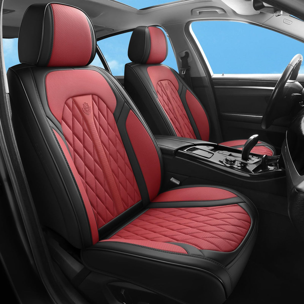 Red Black Leather Car Seat Covers Full Set Z64195