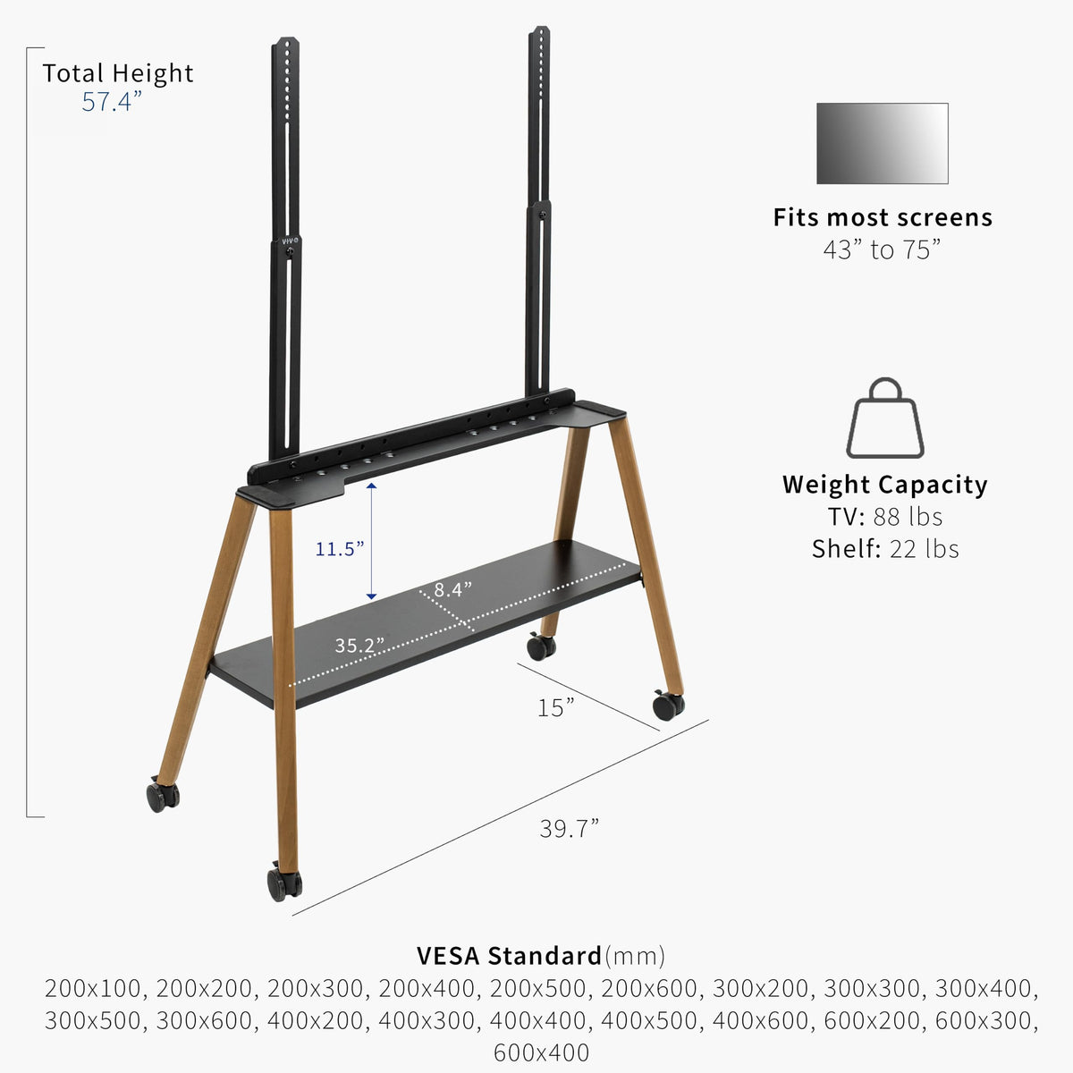43 to 75 inch Adjustable Mobile TV Stand with Walnut Legs G2402