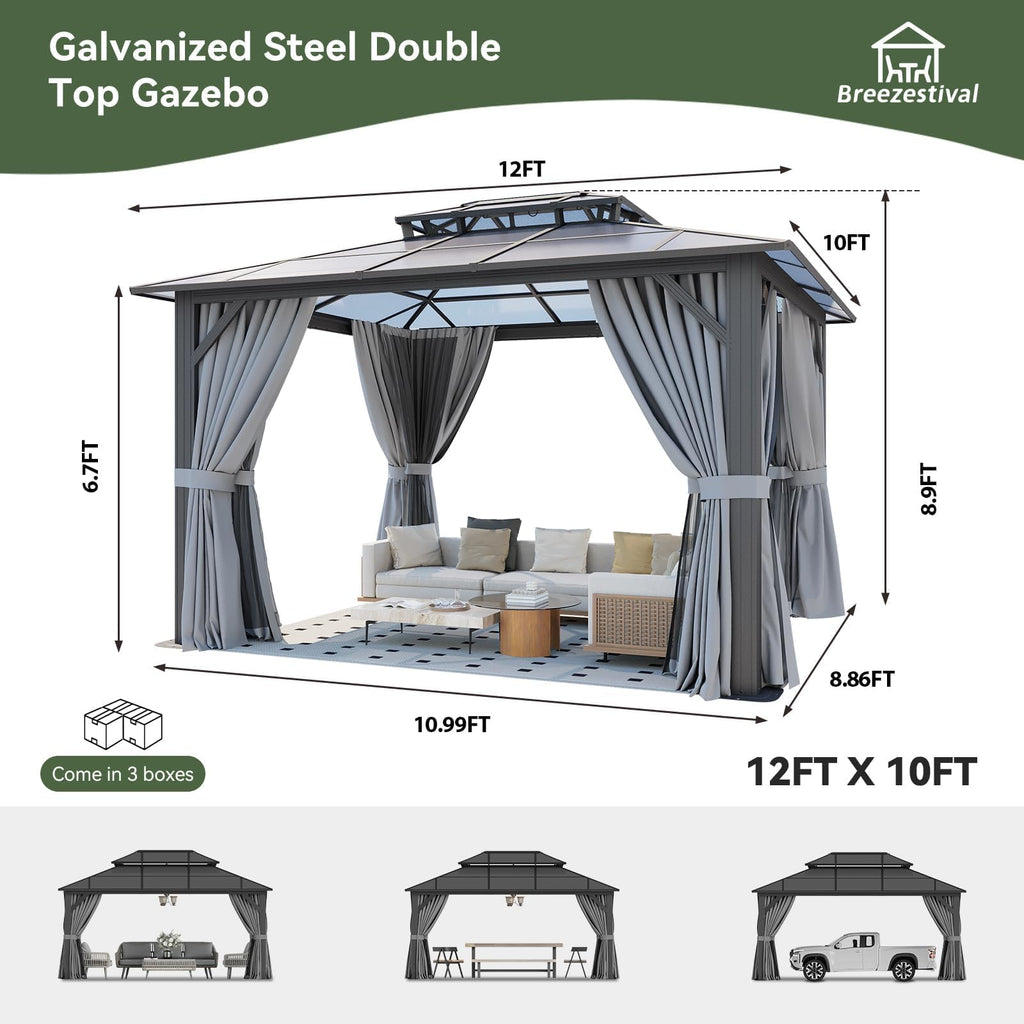 10'x12' Hardtop Aluminum Gazebo with Polycarbonate Roof, Curtains and Netting Z20029