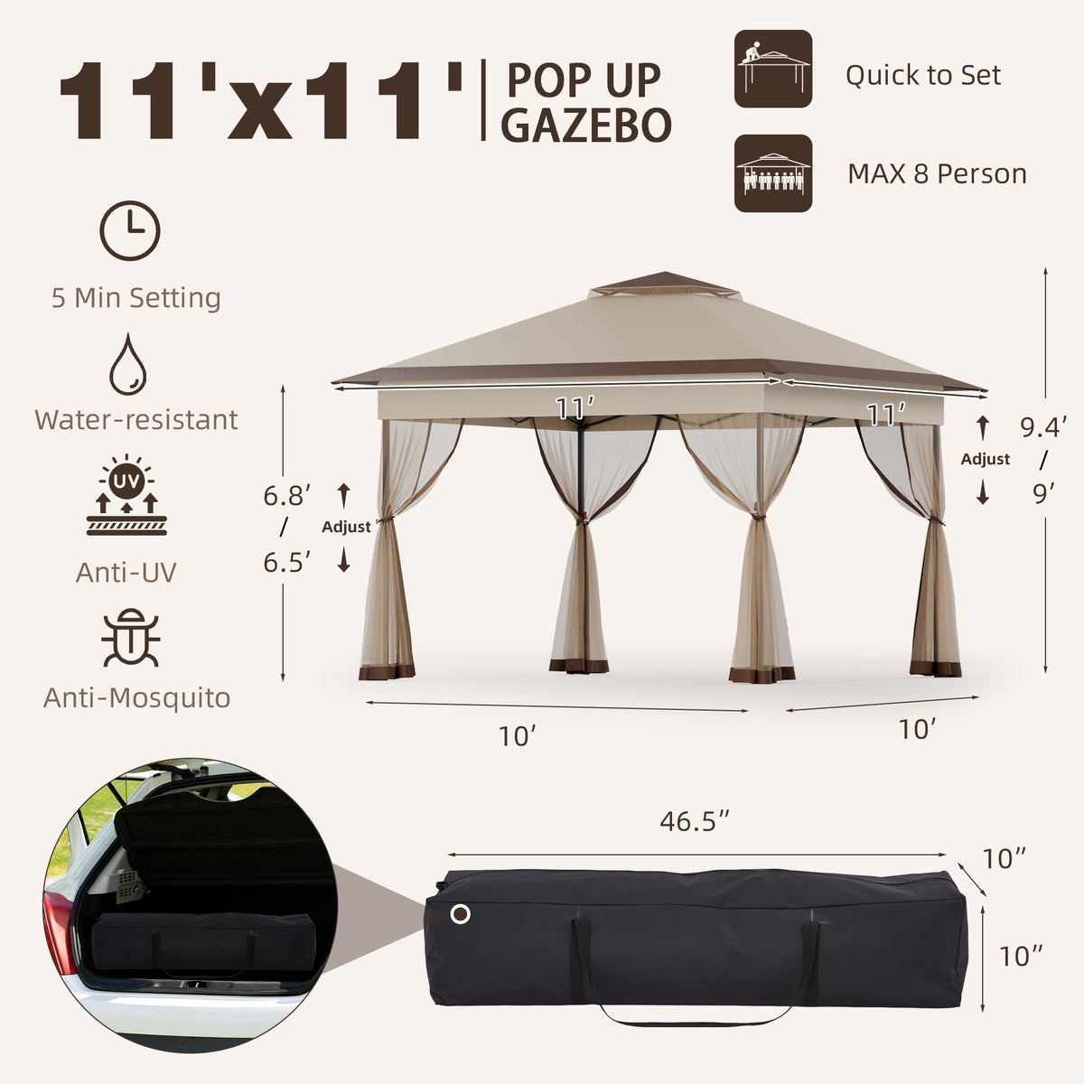 11x11 Pop Up Gazebo with Mosquito Netting H102810