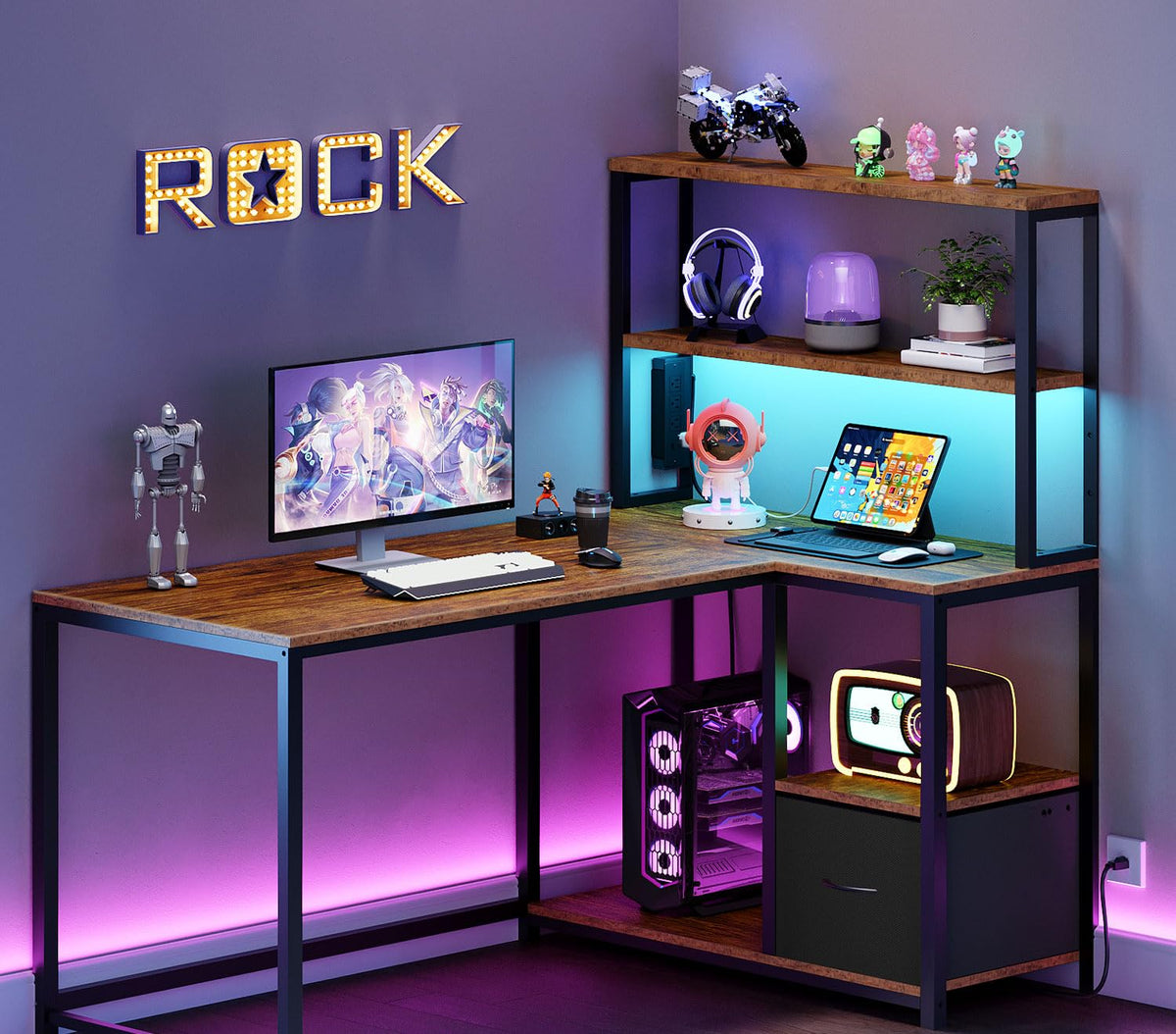 46 Inch Reversible Computer Desk with LED Light & Power Outlet Q4873