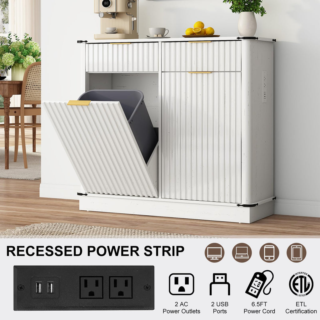 White 20 Gallon Tilt Out Trash Cabinet with Charging Station and 2 Drawers S261