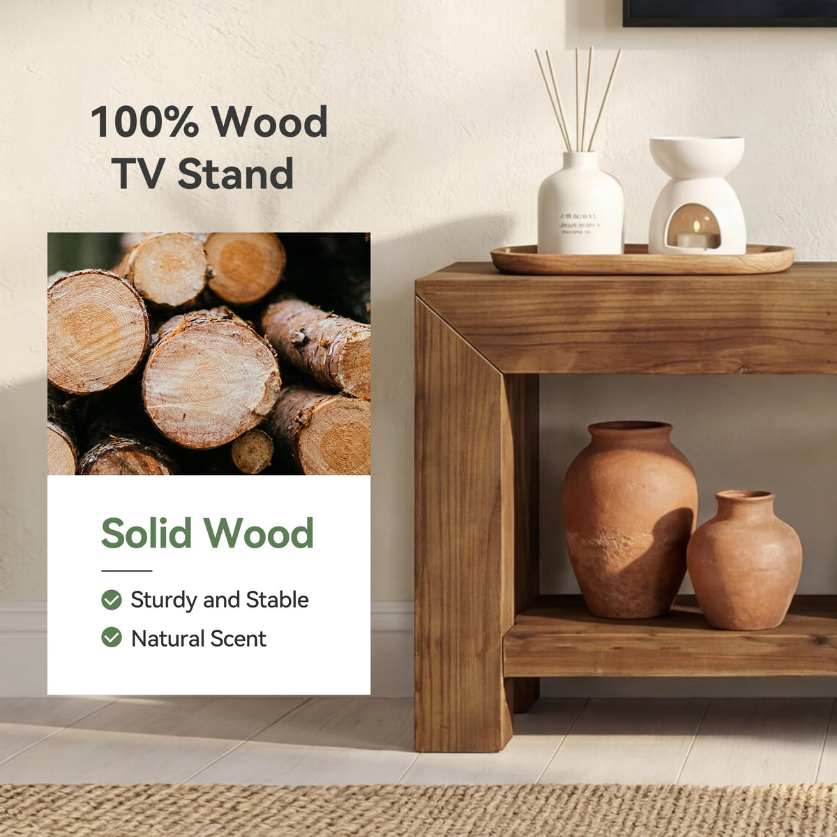 Solid Wood 63" TV Stand with Open Storage Shelves U306157