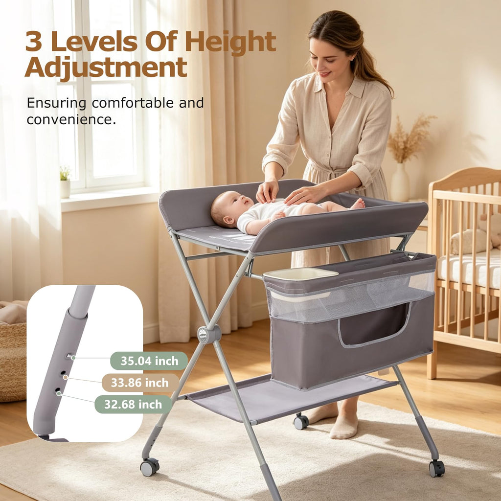 Baby Changing Table with Wheels, Portable Adjustable Folding Diaper Station with Storage Y769151