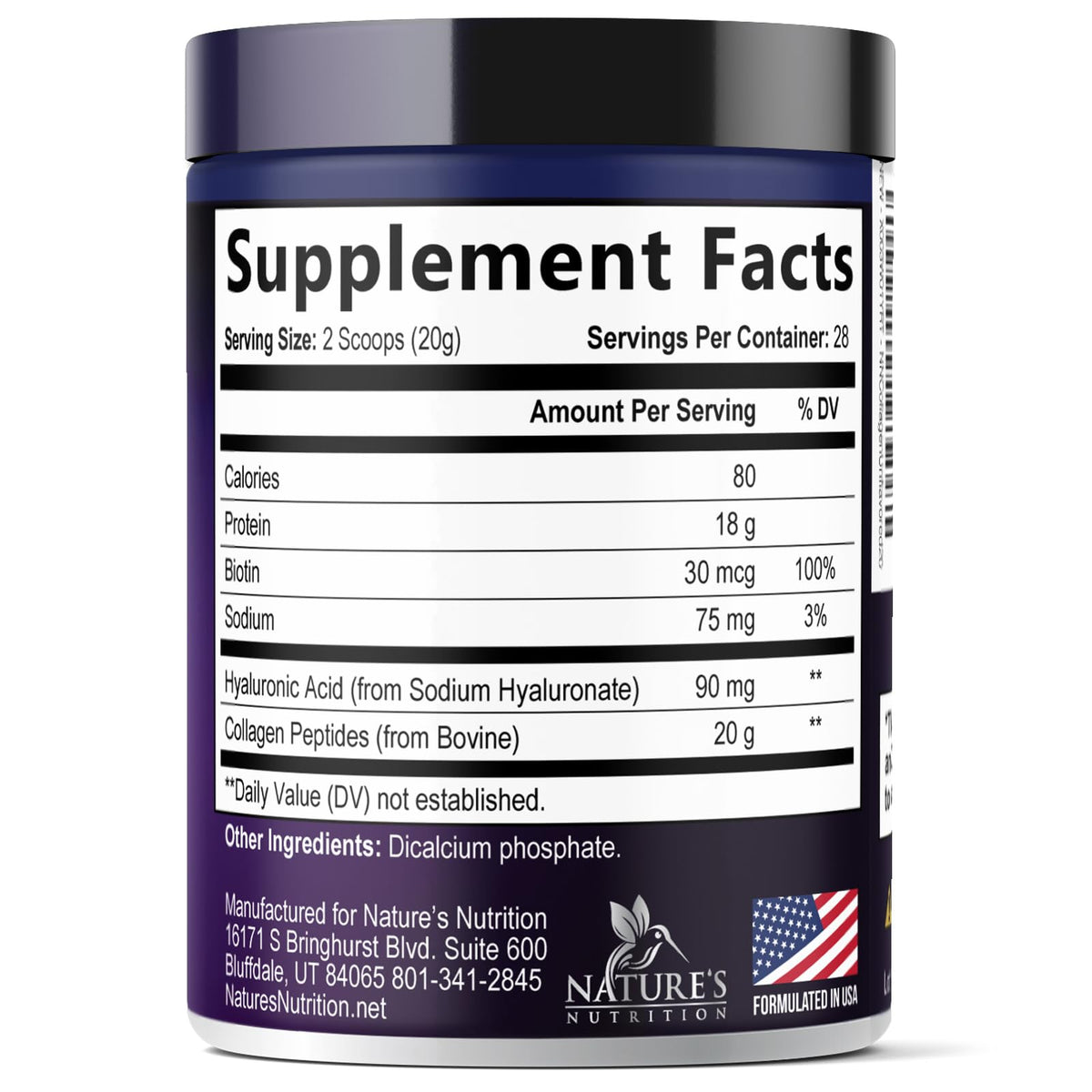 Collagen Peptides Powder 20g Hydrolyzed Bovine Protein Hyaluronic Acid Biotin Unflavored 28 Servings Q6069