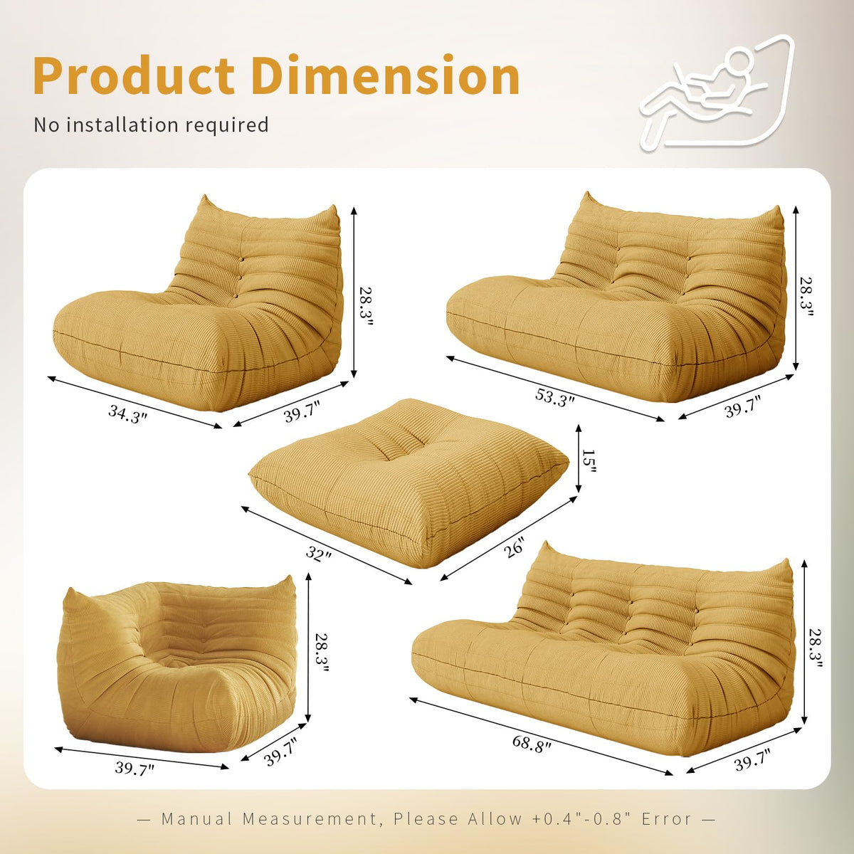 Yellow Corduroy Memory Foam Bean Bag Chair F680678