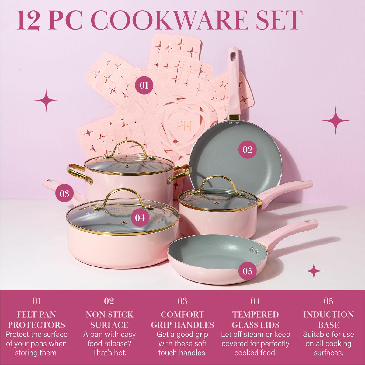 12 Piece Pink Nonstick Cookware Set K525