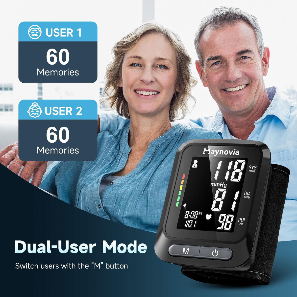 Wrist Blood Pressure Monitor, Backlit LCD, 5.3-8.5 in Cuff, Black Q9883