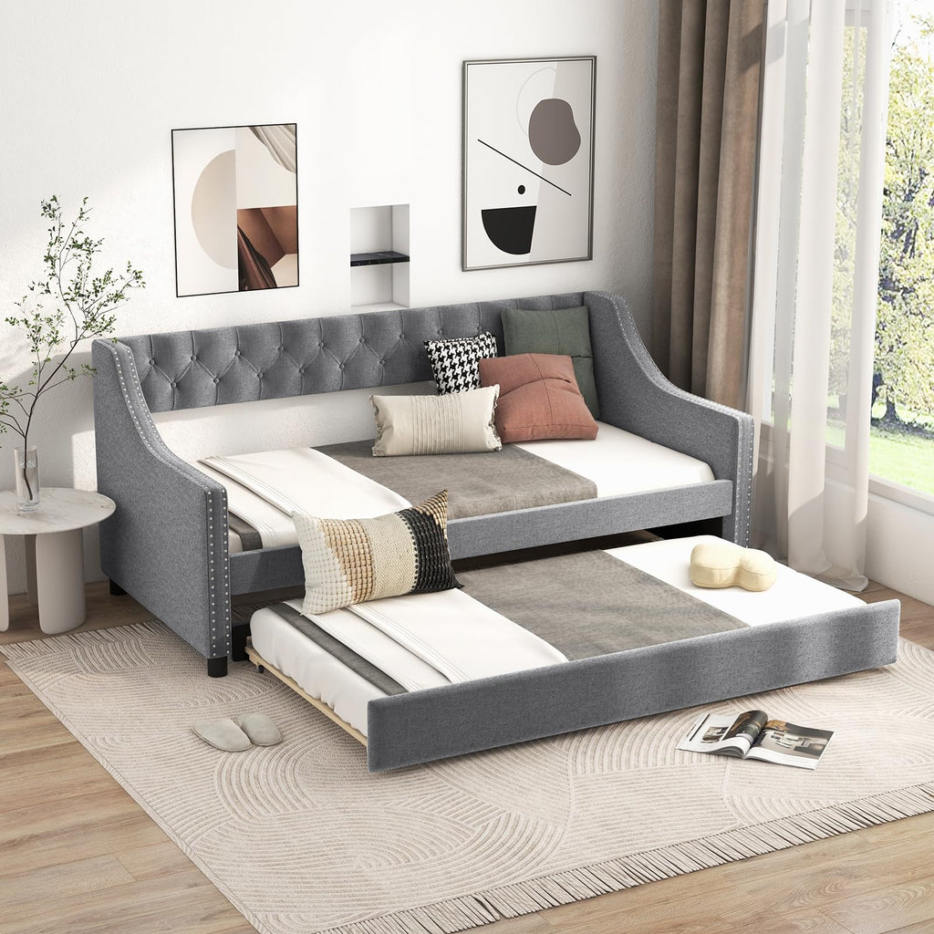 Upholstered Twin Daybed with Trundle Grey X908145